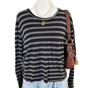 The Great Grey Black Striped Long Sleeve Crop Tee Slub Cotton Size 1 S